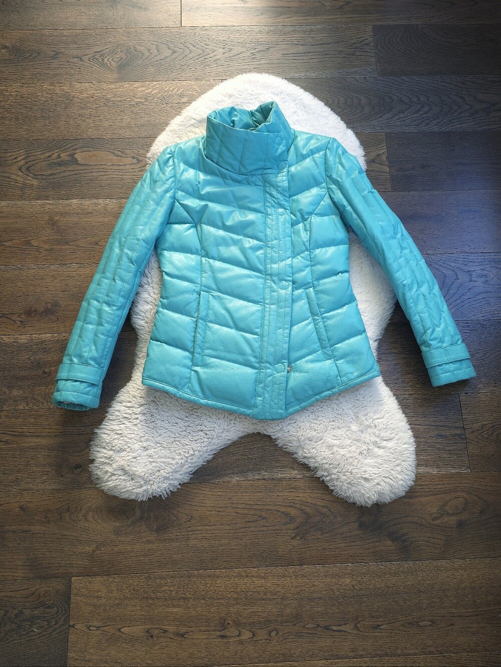 Y2K Danier Blue Leather Down Puffer High Neck Jacket
